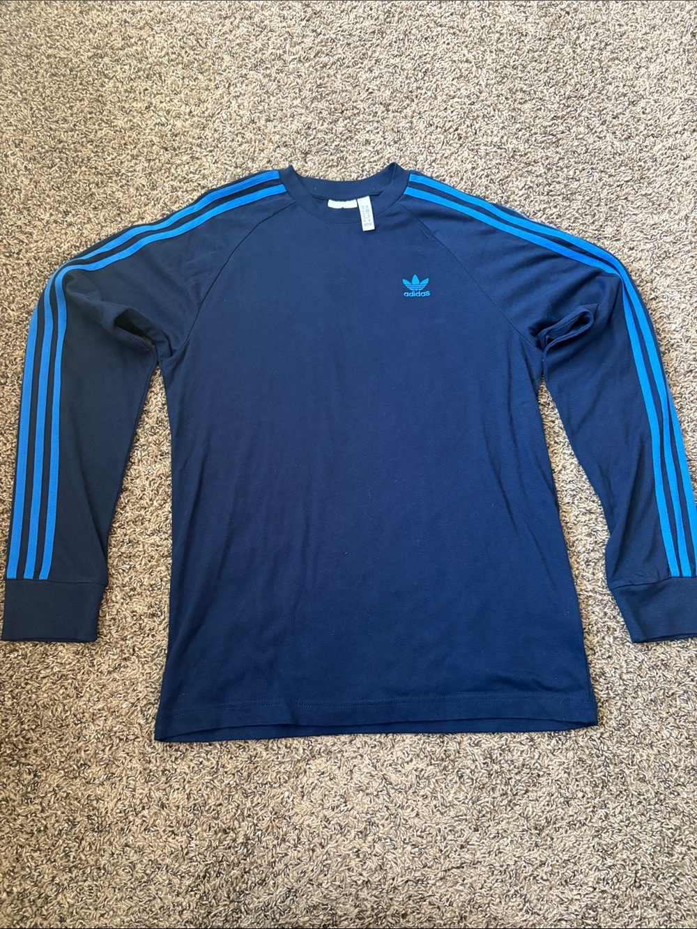 adidas Navy Long Sleeve Crew with Bright Blue Stripes